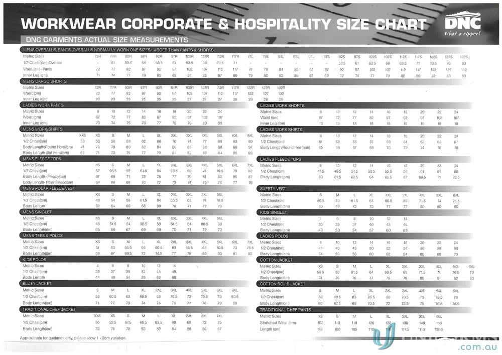 Workwear size chart for DNC Lightweight Cool-Breeze Cotton Cargo Pants