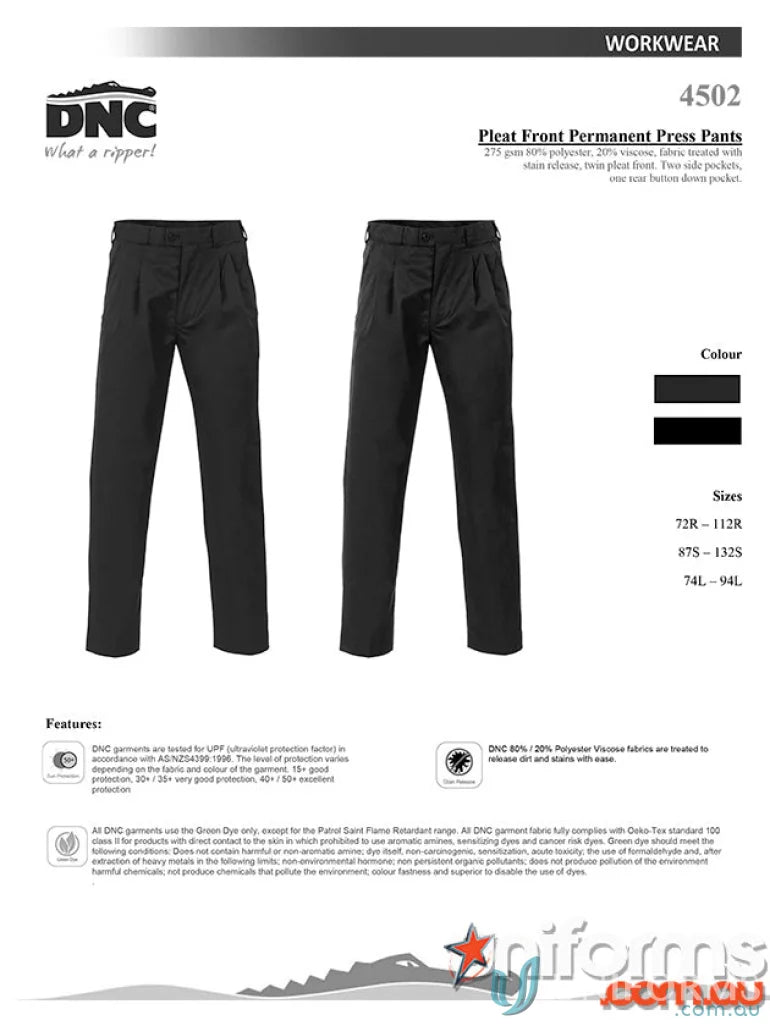 Black pleated front permanent press pants from DNC for uniforms and workwear style