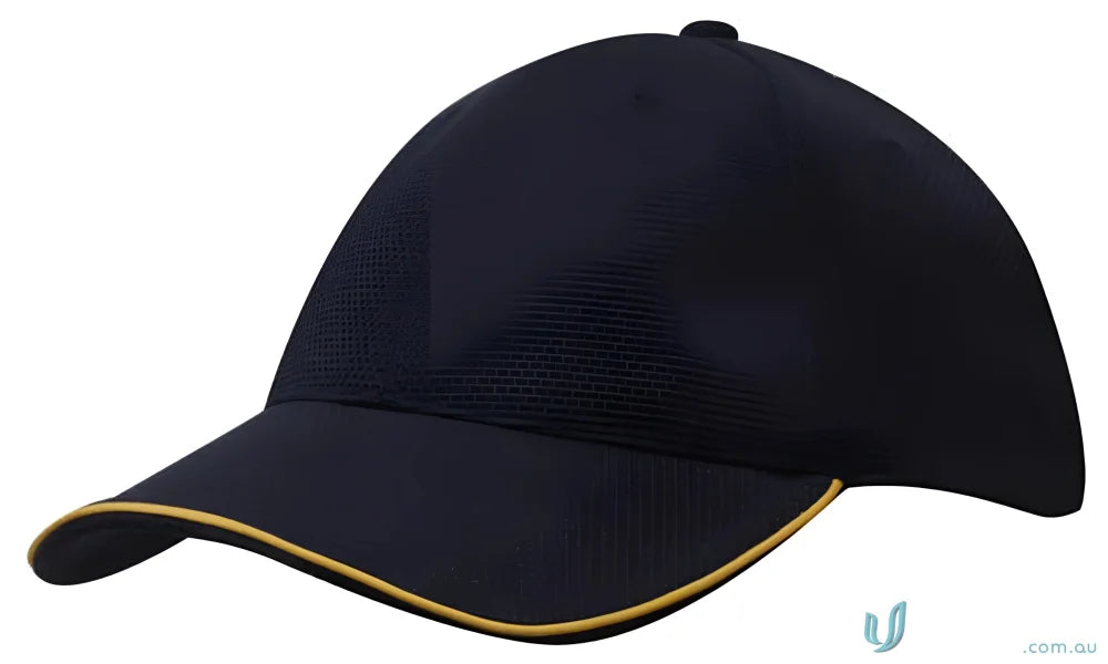 Navy baseball cap with gold trim made of Double Pique Mesh and Open Sandwich design