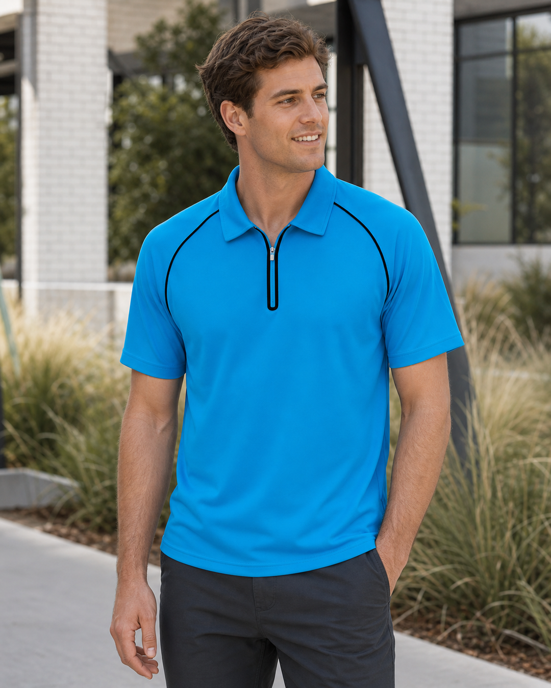 Australian male model wearing cyan Dri Gear Dimension Polo