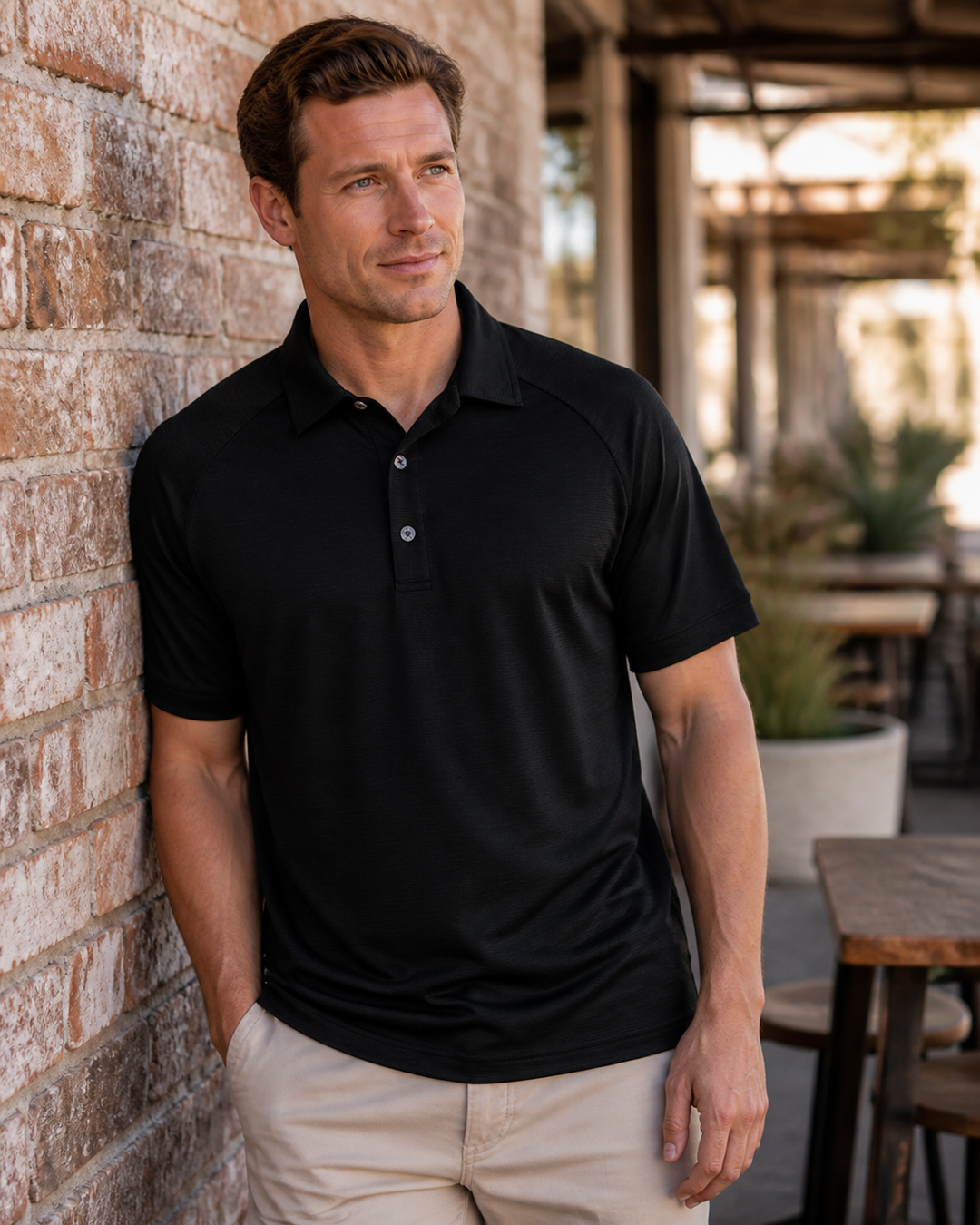 Australian male model wearing black Dri Gear Vapour Polo