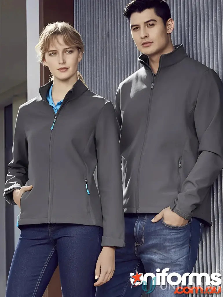 Matching gray EILBECK Softshell Jackets perfect for work uniforms or workwear