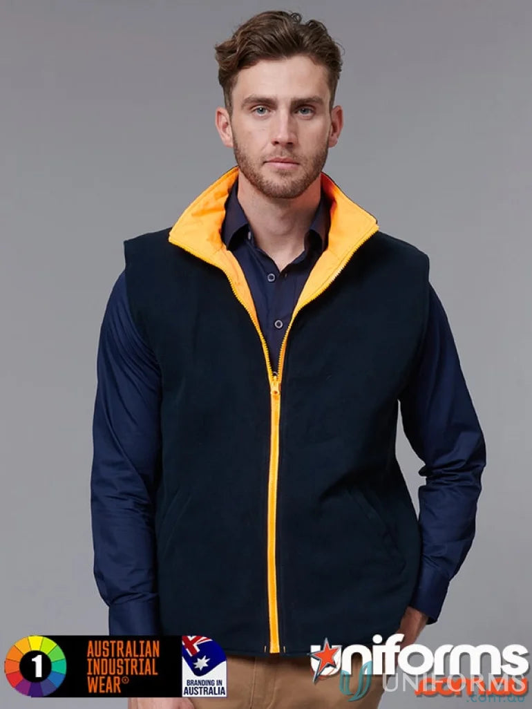 Navy and orange reversible vest with polar fleece and reflective tape for safety
