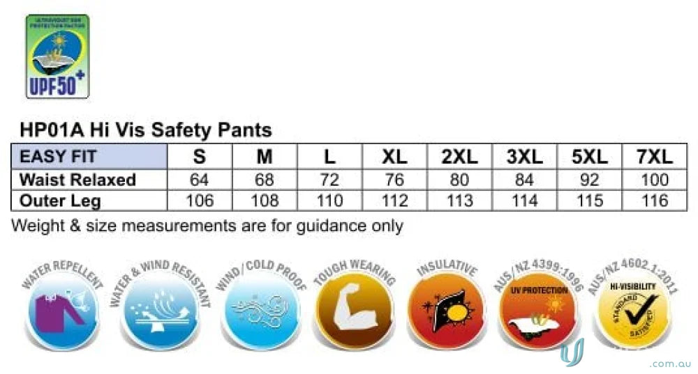 Eldarin HiVis Pants BIG sizing chart with reflective tapes for waterproof uniforms