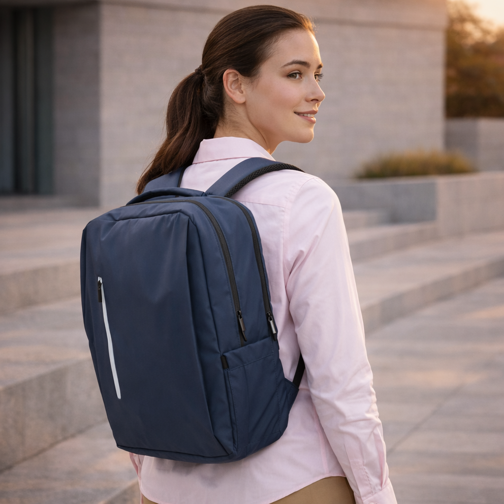 Elite PU backpack in navy blue with black zippers, white pulls, stay organized