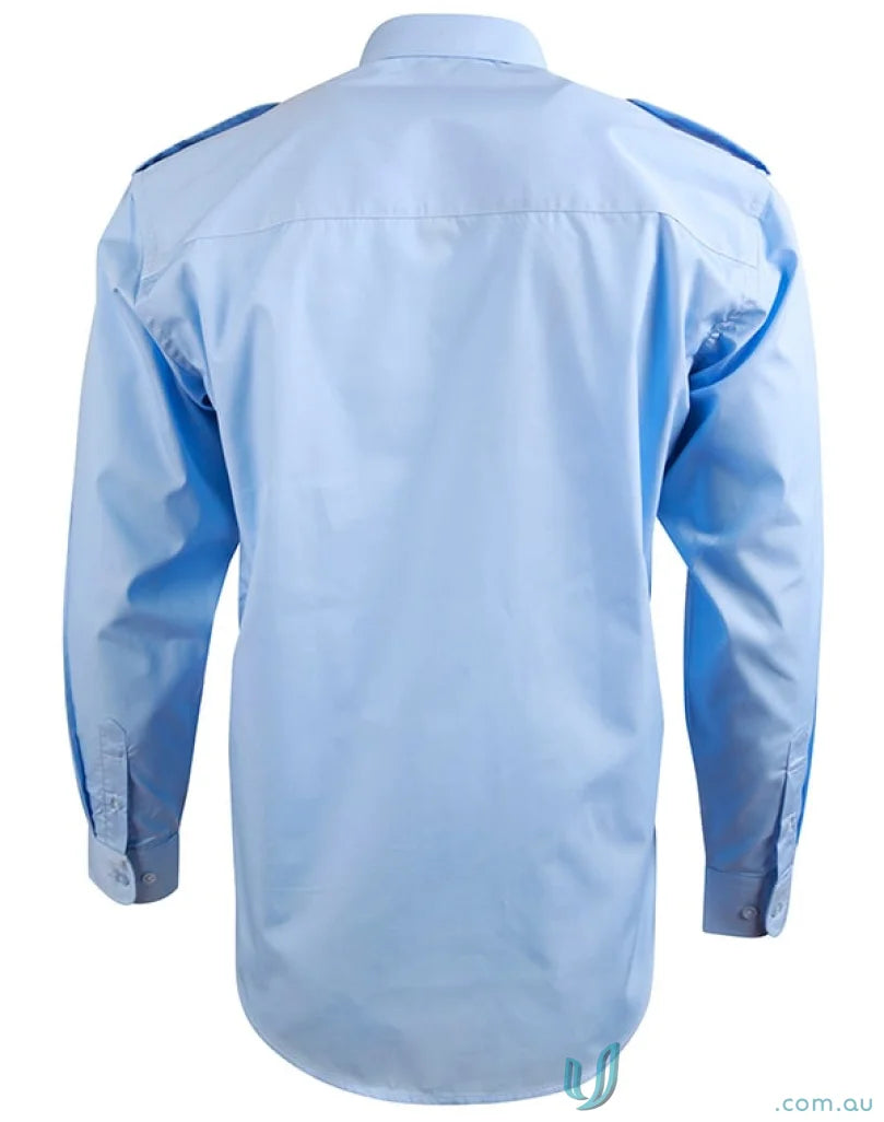Light blue Winning Spirit Epaulette LS Shirt with pleated pockets, unisex long sleeve style