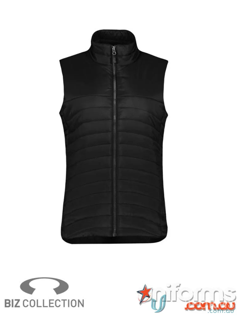Black quilted womens expedition vest from Biz Collection, perfect for outdoor adventures