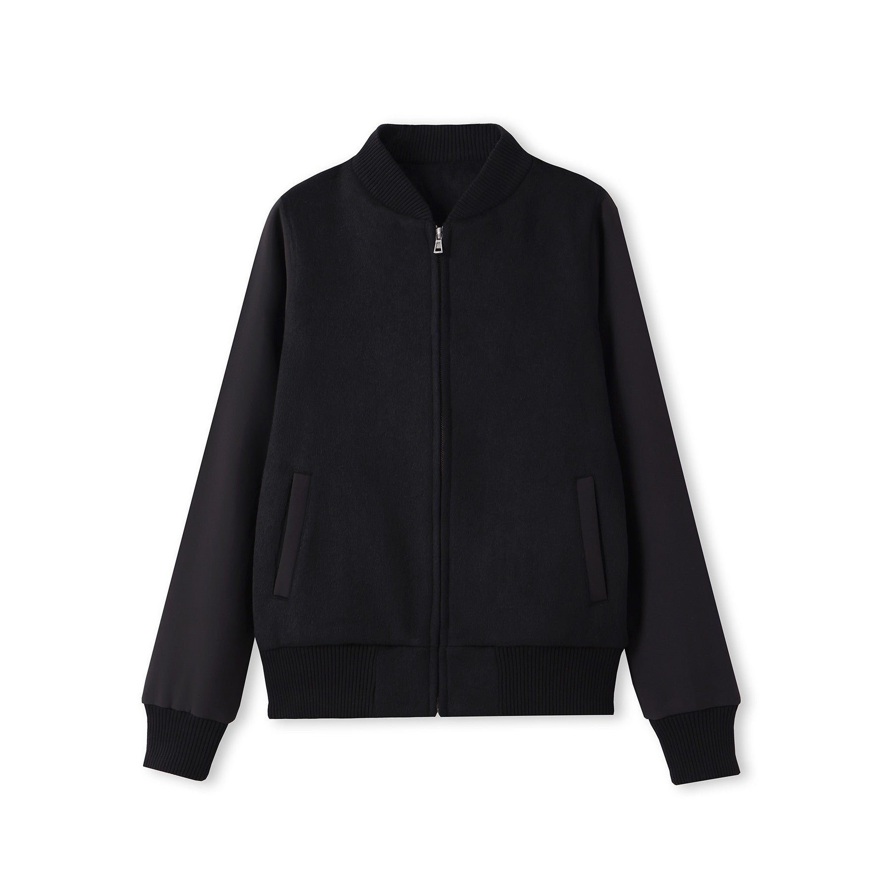 Black varsity wool blend ladies jacket with zip-up front ribbed cuffs and pockets perfect for workwear uniforms