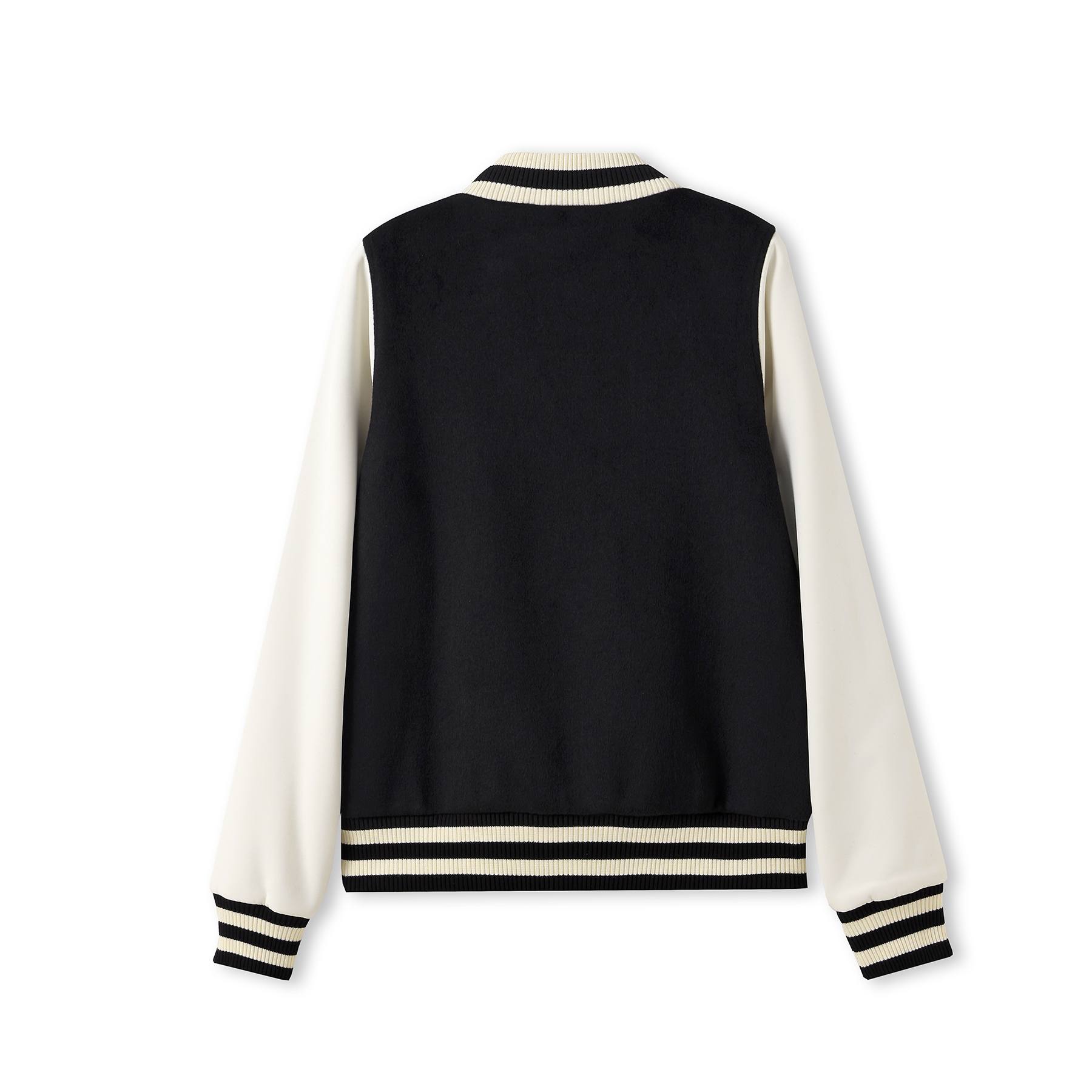Black and cream varsity wool blend ladies jacket with ribbed knit trim perfect for stylish work uniforms and uniforms