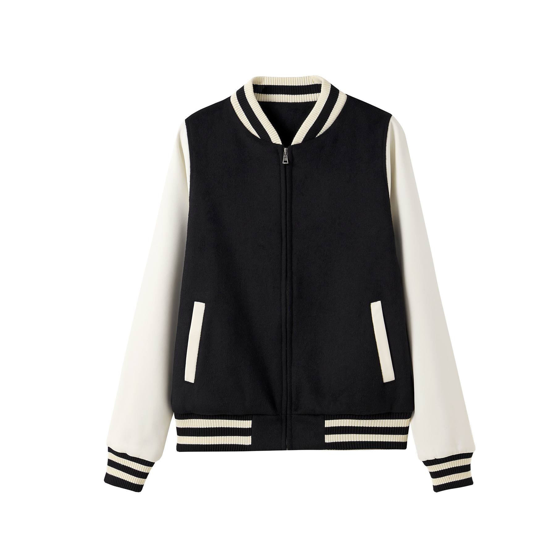 Black and cream varsity wool blend ladies jacket with ribbed knit collar cuffs and hem perfect for work uniforms