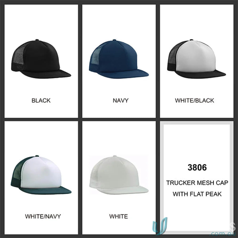 Flat peak trucker mesh caps in various colors perfect for uniforms, check our faq link