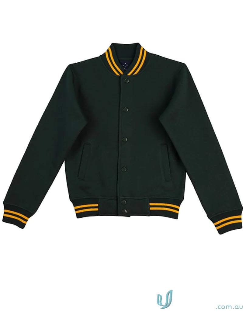 Green and yellow fleece varsity jacket showing the winning spirit fleece design
