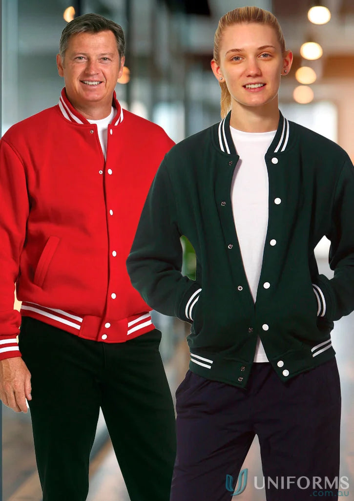Two people wearing stylish fleece varsity jackets showcasing winning spirit fleece design