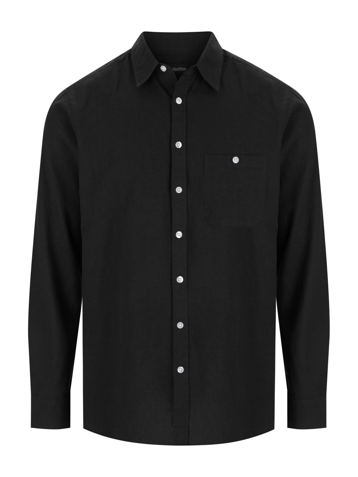 W71 men’s Floyd LS linen cotton shirt, black long-sleeve with silver buttons