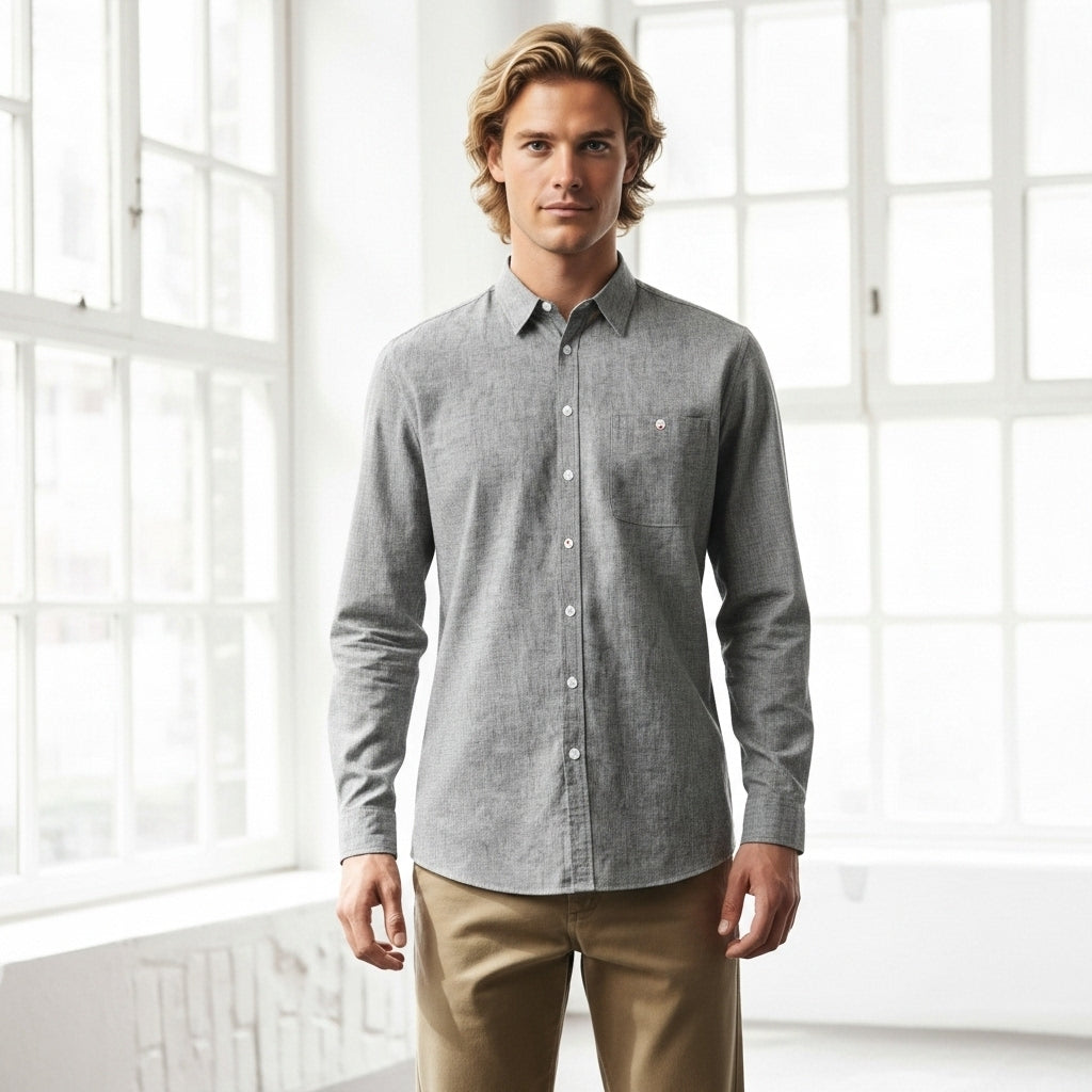 W71 men’s Floyd LS linen cotton shirt, gray textured long-sleeve button-down