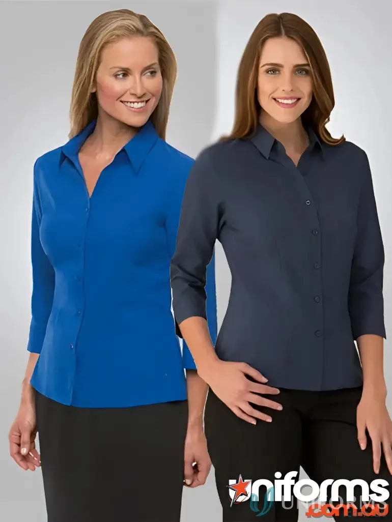 Two women’s button-down shirts from FMIG EMB Ladies Ezylin 3qtr Shirt, perfect work uniforms