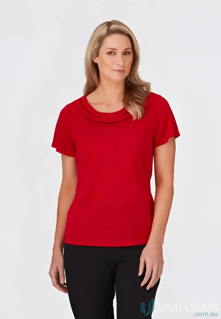 Eva knit style FMIG Ladies Knit SS Top with short sleeves and red cowl neck design