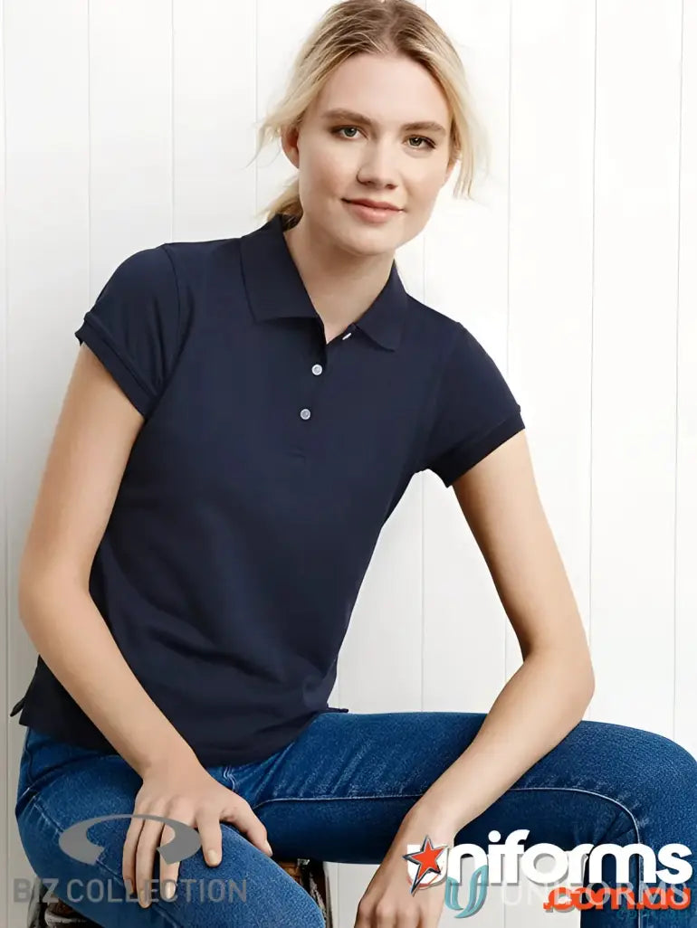 FMIG EMB Ladies Polo in navy blue with white button placket, p2125 ladies modern fit