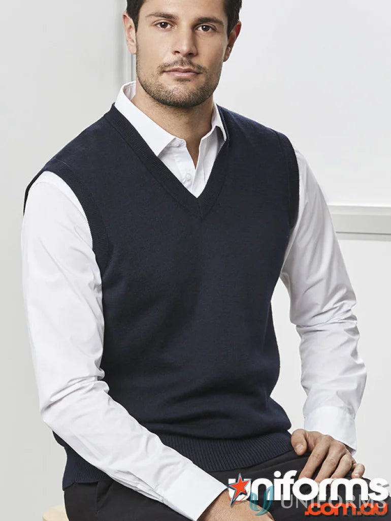 Navy blue sweater vest from FMV EMB Mens Wool Mix Vest, perfect for uniforms workwear