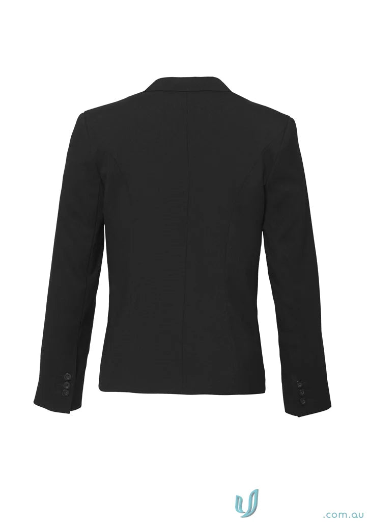 Black women’s blazer with notched lapel and cuff buttons, perfect fit for work uniforms