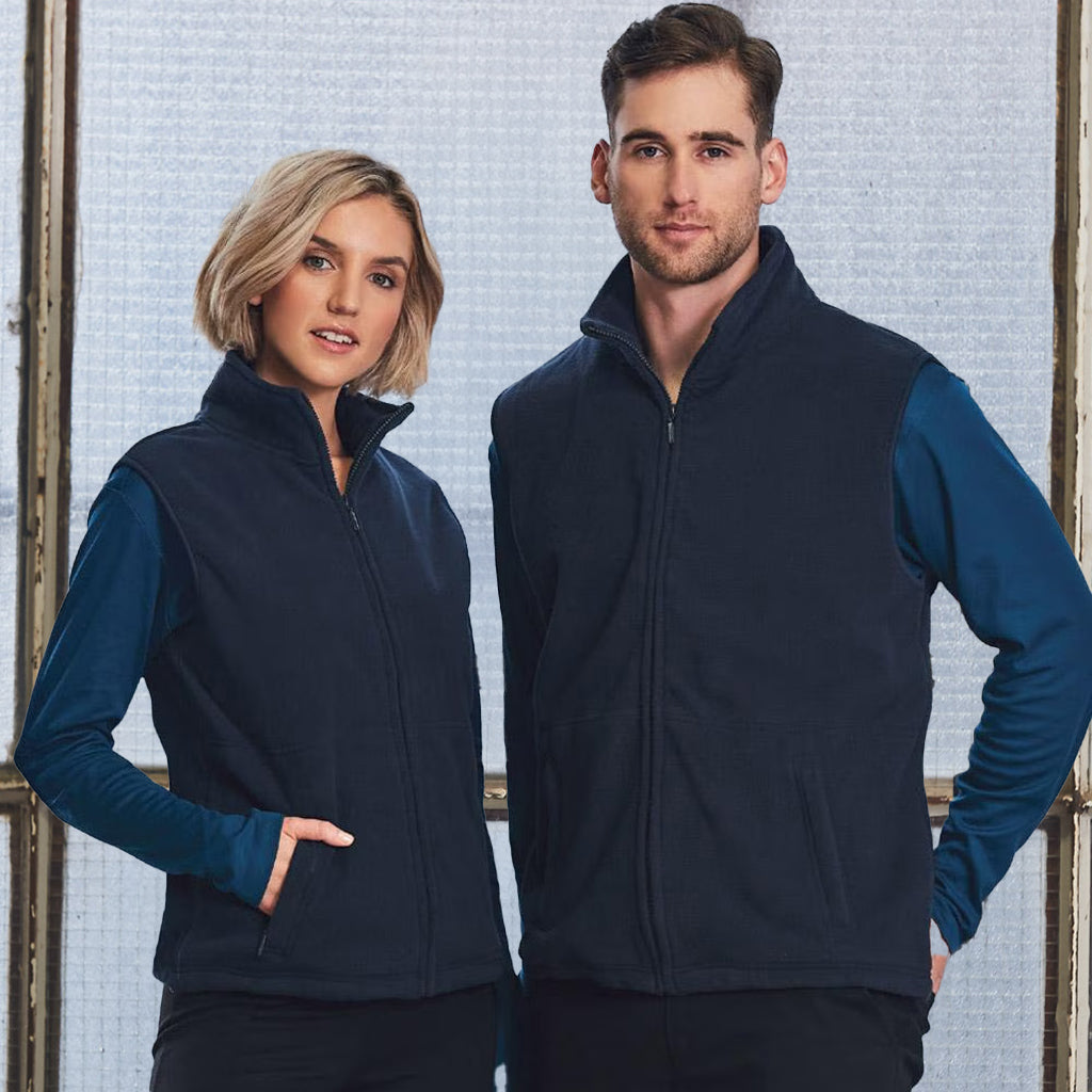 Freedom Polar Fleece Vest in navy blue with teal sleeves, anti-pill polar fleece