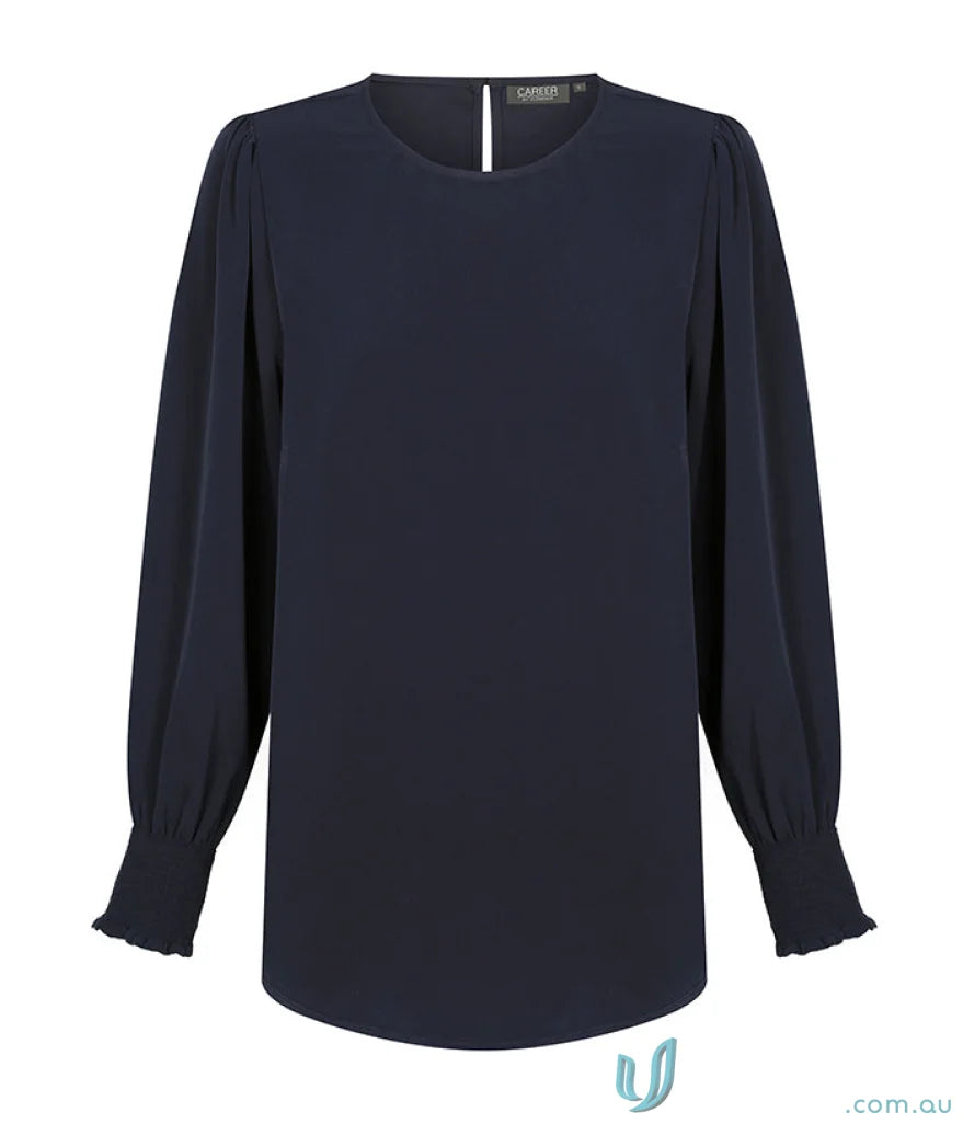Navy long-sleeved blouse in Freya Shirred Cuff Soft Top made of luxe twill fabric