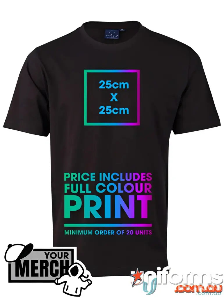 Black combed cotton T-shirt with colorful print, perfect for uniforms or workwear