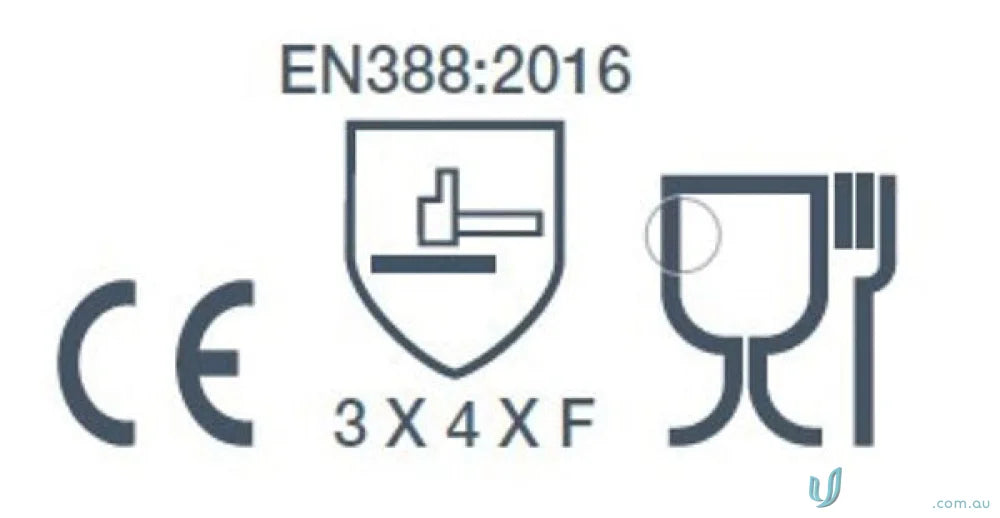Safety certification symbols on G-Force Inotex Cut Resistant Sleeve showing workwear quality
