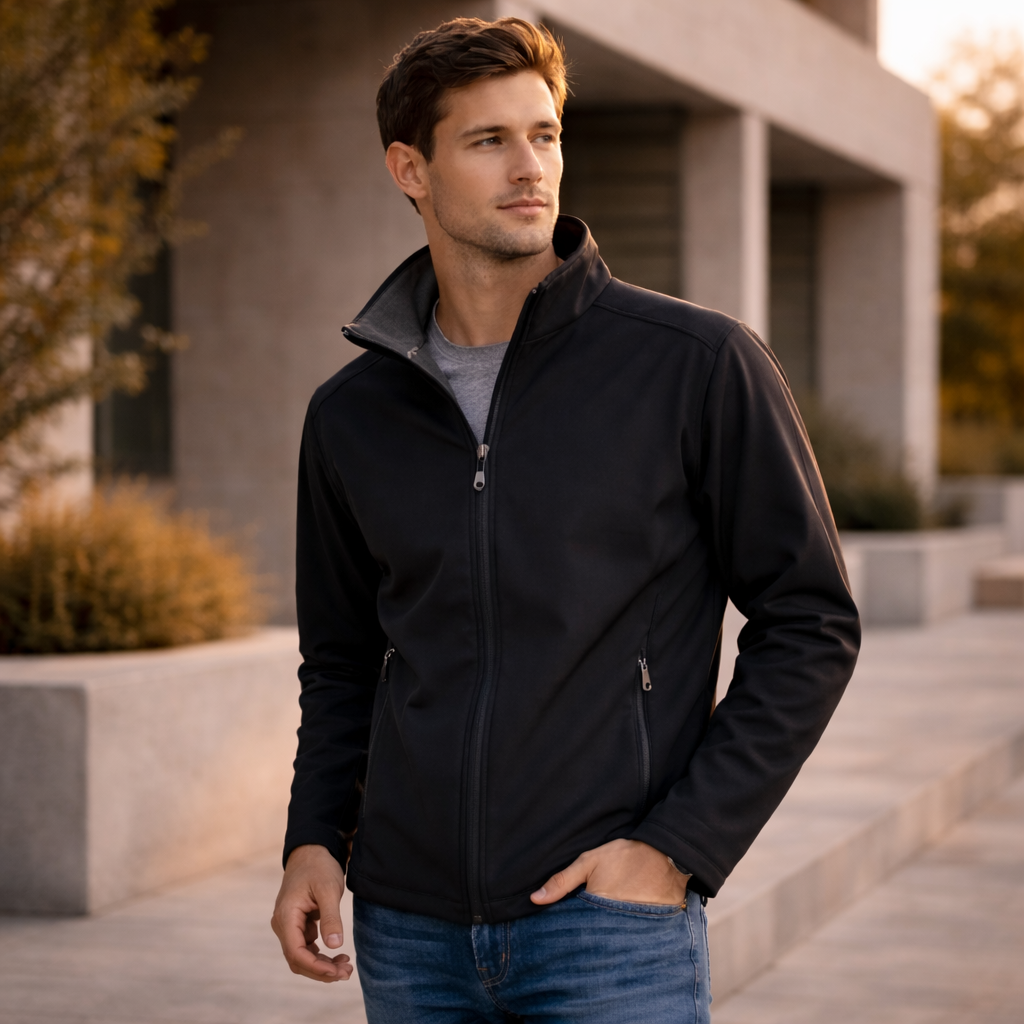 Black Gainsford Softshell zip-up fleece jacket with gray collar, biz tech J307M