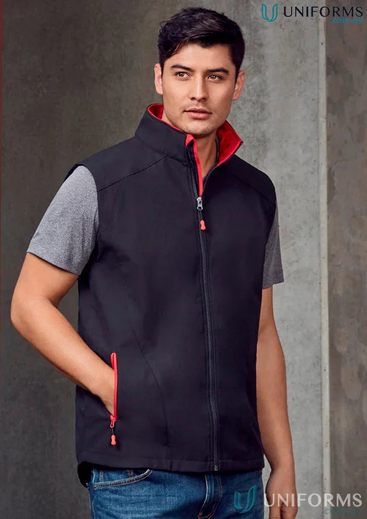 Black and red zippered Geneva Softshell Vest from J404M Collection Mens or Biz Collection Mens