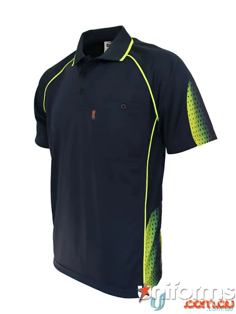 Navy blue Galaxy Sublimated Polo shirt with neon yellow accents, stylish sublimated polo