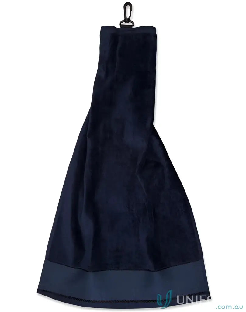 Navy blue golf towel with clip, yarn dyed cotton for a luxurious feel