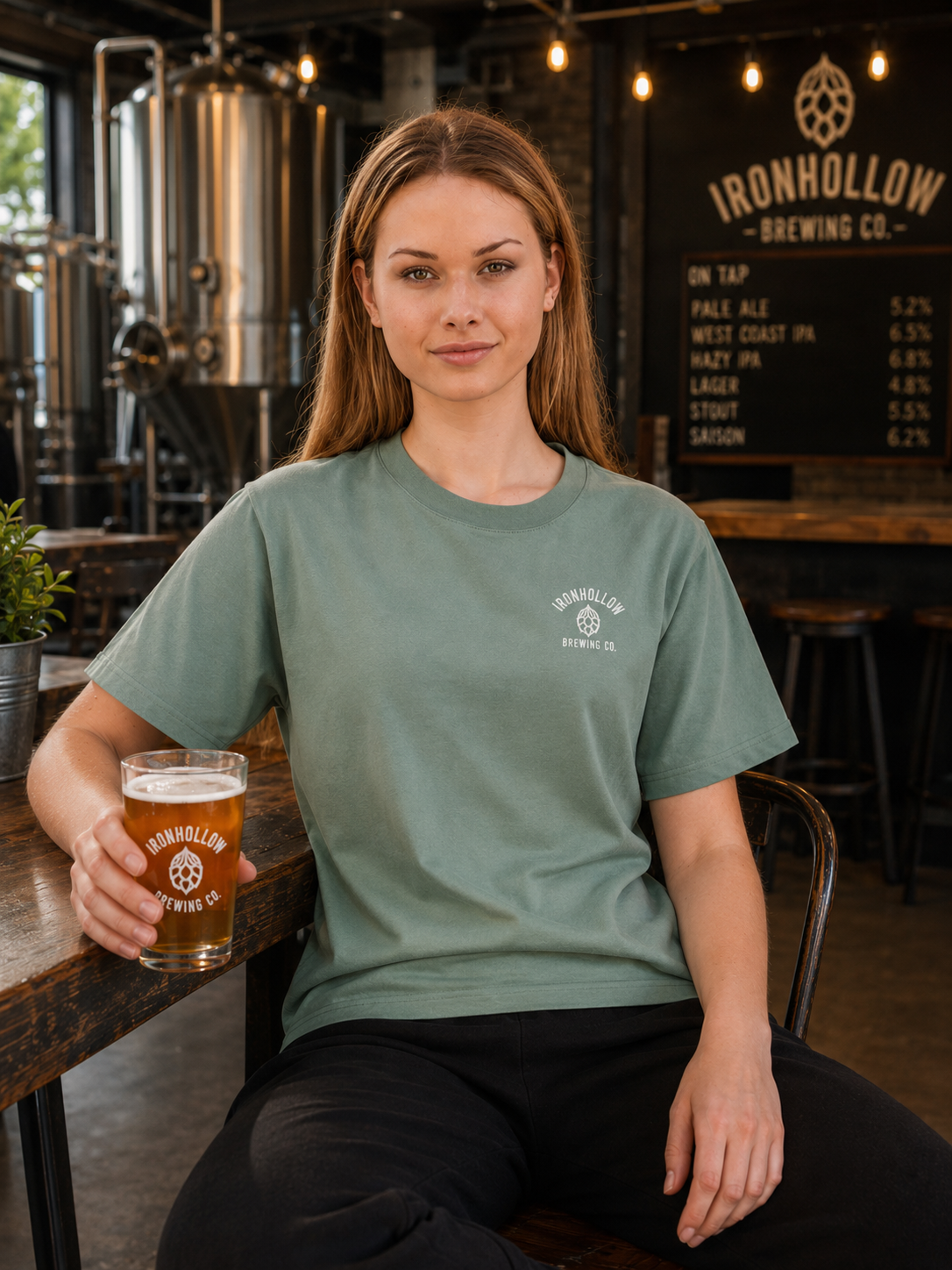 woman sitting at a pub or brewery drinking a beer
