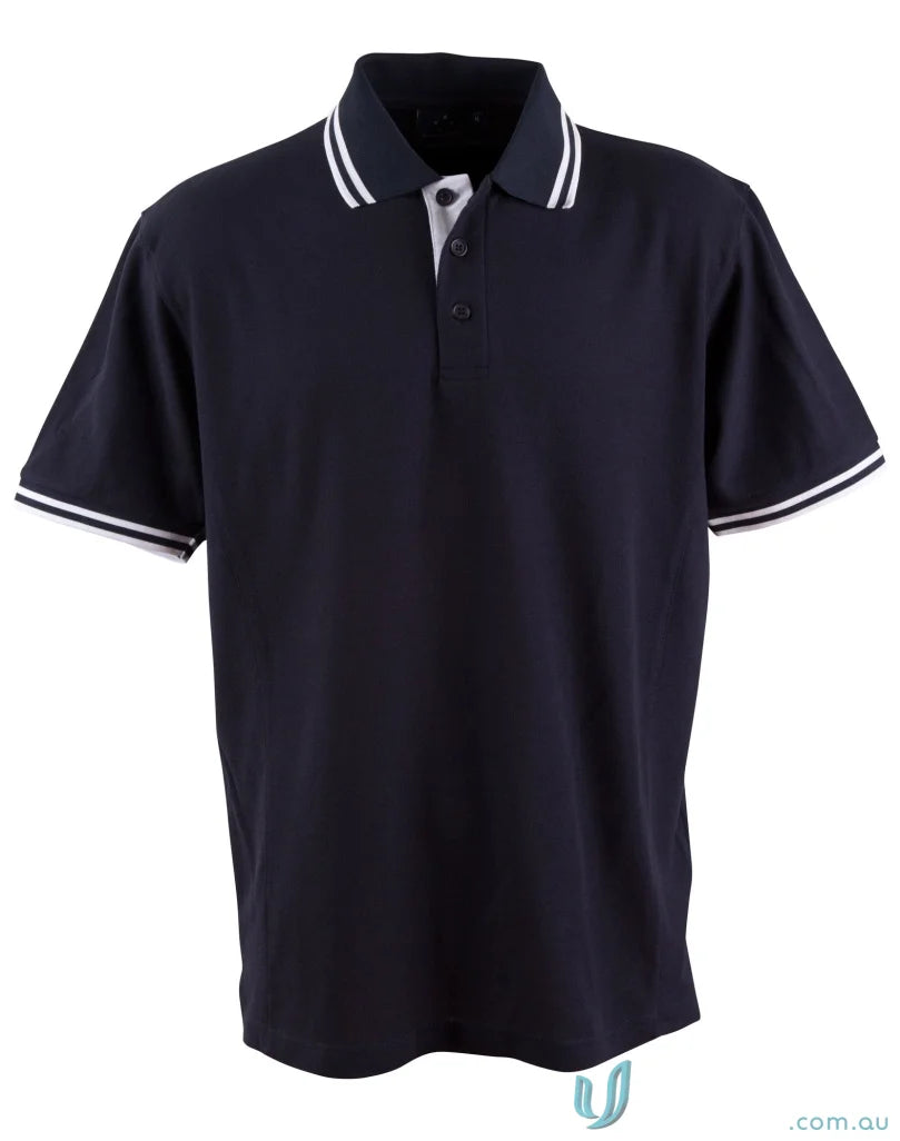 Navy polo shirt with white trim from Grace Polo, made with Truedry Pique Short Sleeve Polo PS65