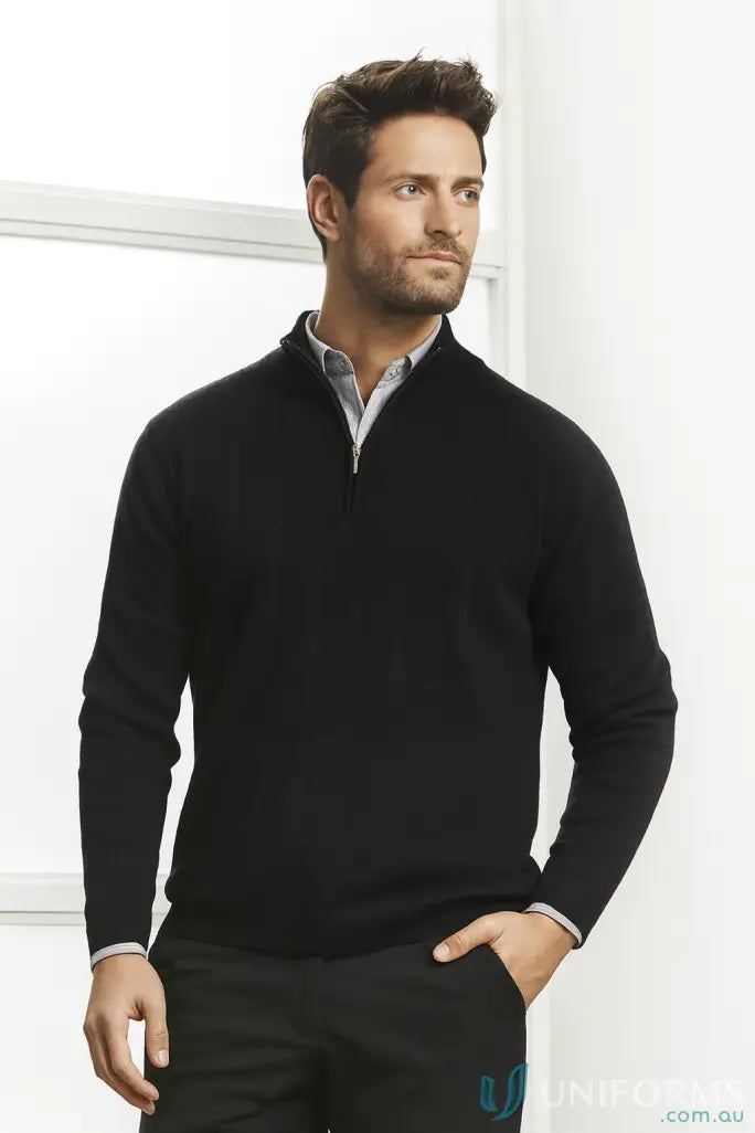 Mens black zip merino rich pullover over a collared shirt, made from premium fabric