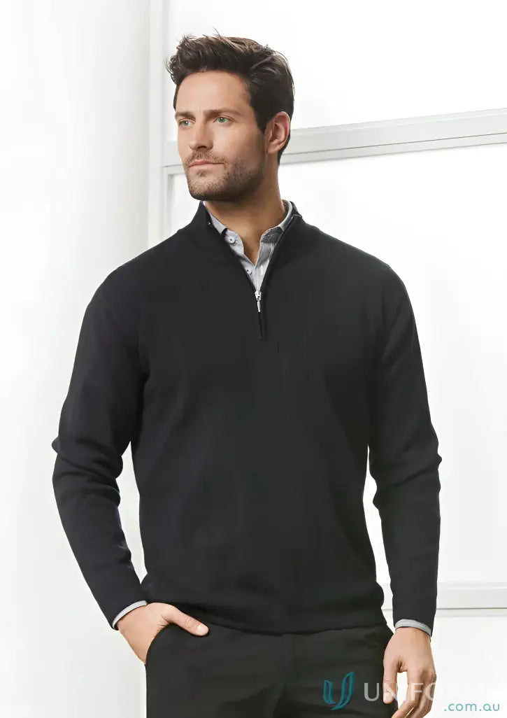 Black quarter-zip sweater from Half Zip Merino Rich Pullover made with premium fabric