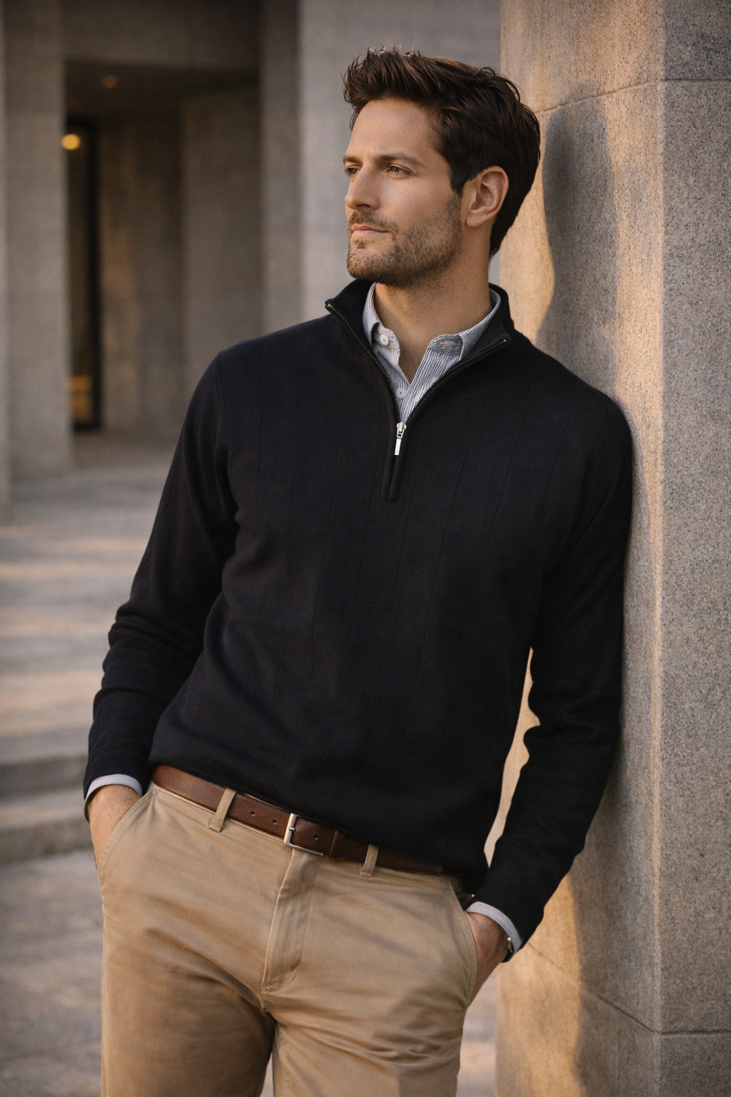 Black zip merino rich pullover with ribbed texture and folded cuffs