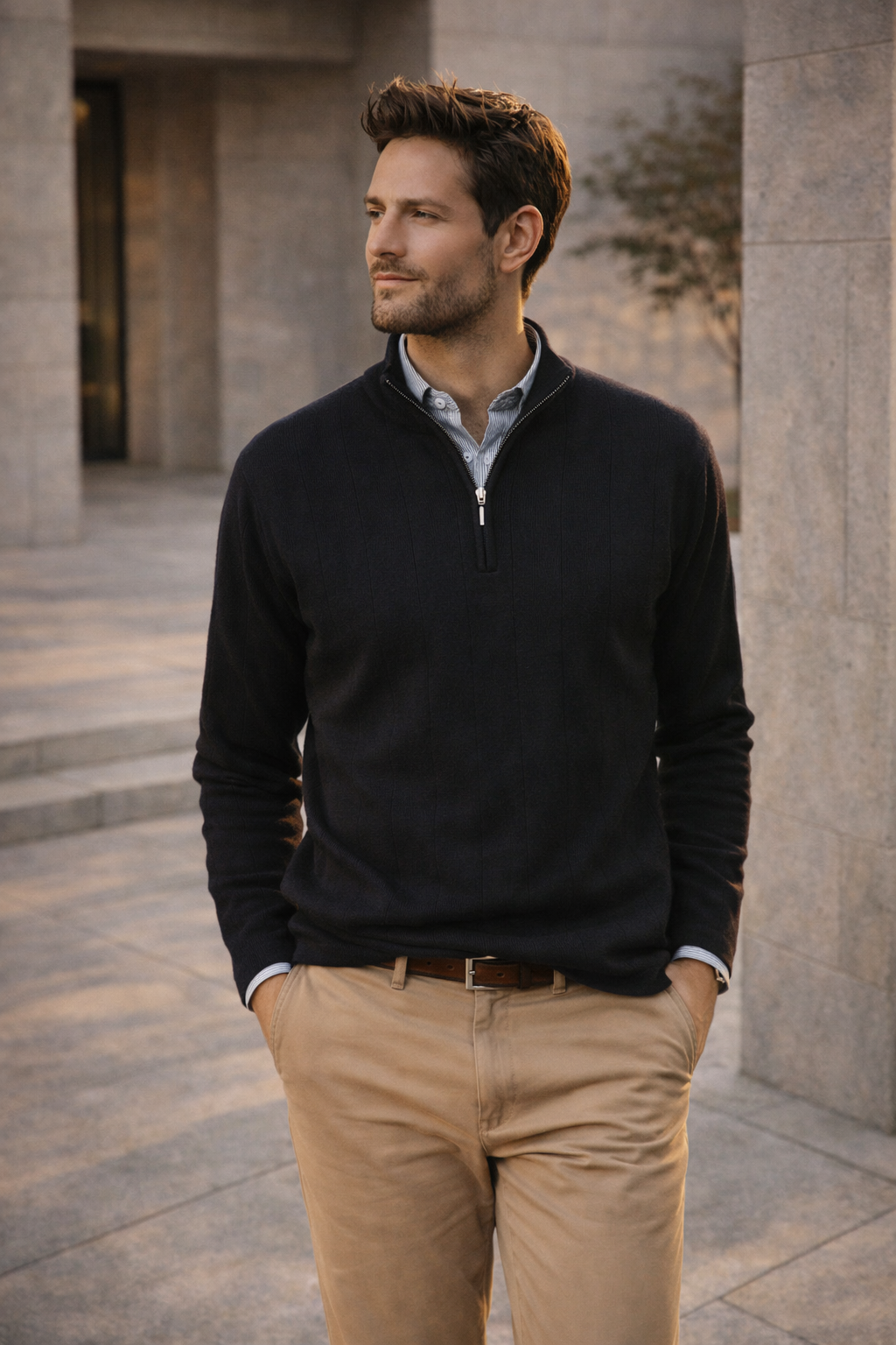 Black zip merino rich pullover with subtle texture and ribbed cuffs