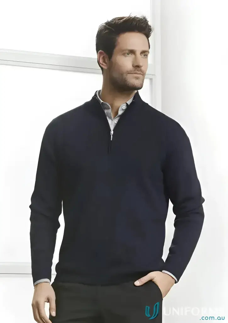 Dark blue zip merino rich pullover over light collared shirt in premium fabric style