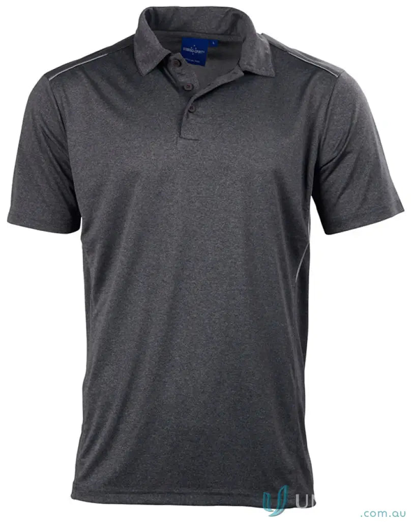 Gray short-sleeved polo shirt from Harland Polo in rapid cool cationic fabric