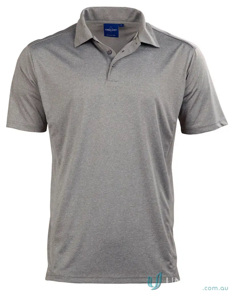 Gray short-sleeved polo shirt from Harland Polo with rapid cool cationic fabric