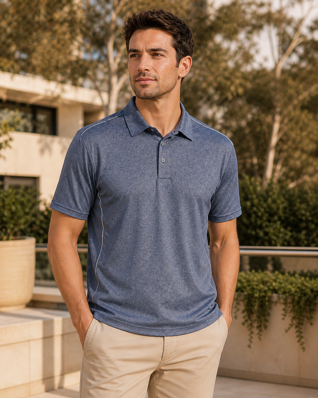 Mediterranean Australian male model wearing patterned steel blue Harland Polo