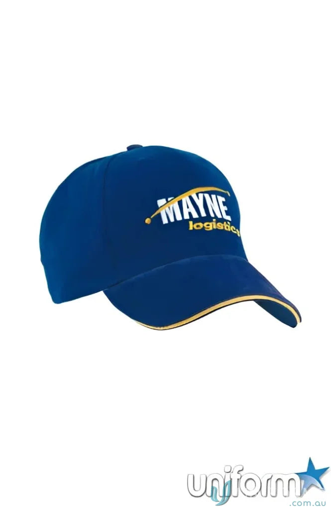 Blue baseball cap with yellow trim from HBC featuring suede peak and sandwich trim