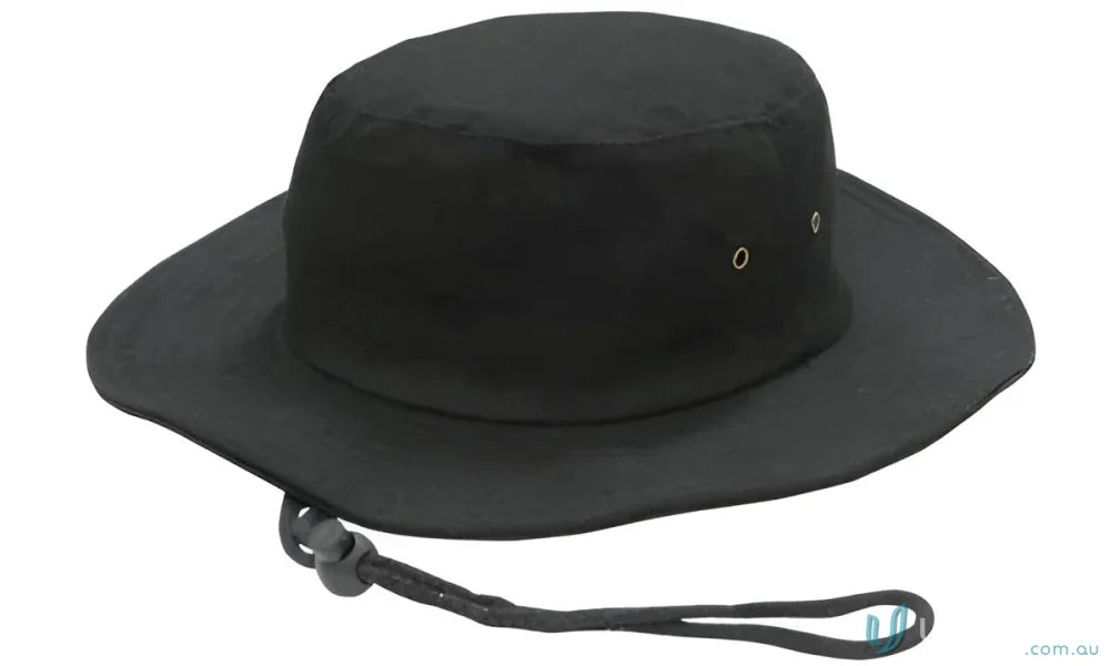 Black bucket hat with chin strap from Headwear Stockists Brushed Heavy Sports Twill Hat