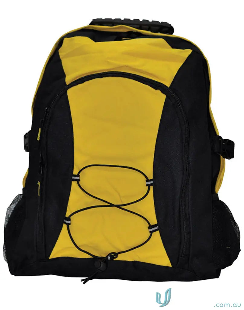 Black and yellow Heart Foundation EMB Backpack with bungee cords and easy access straps