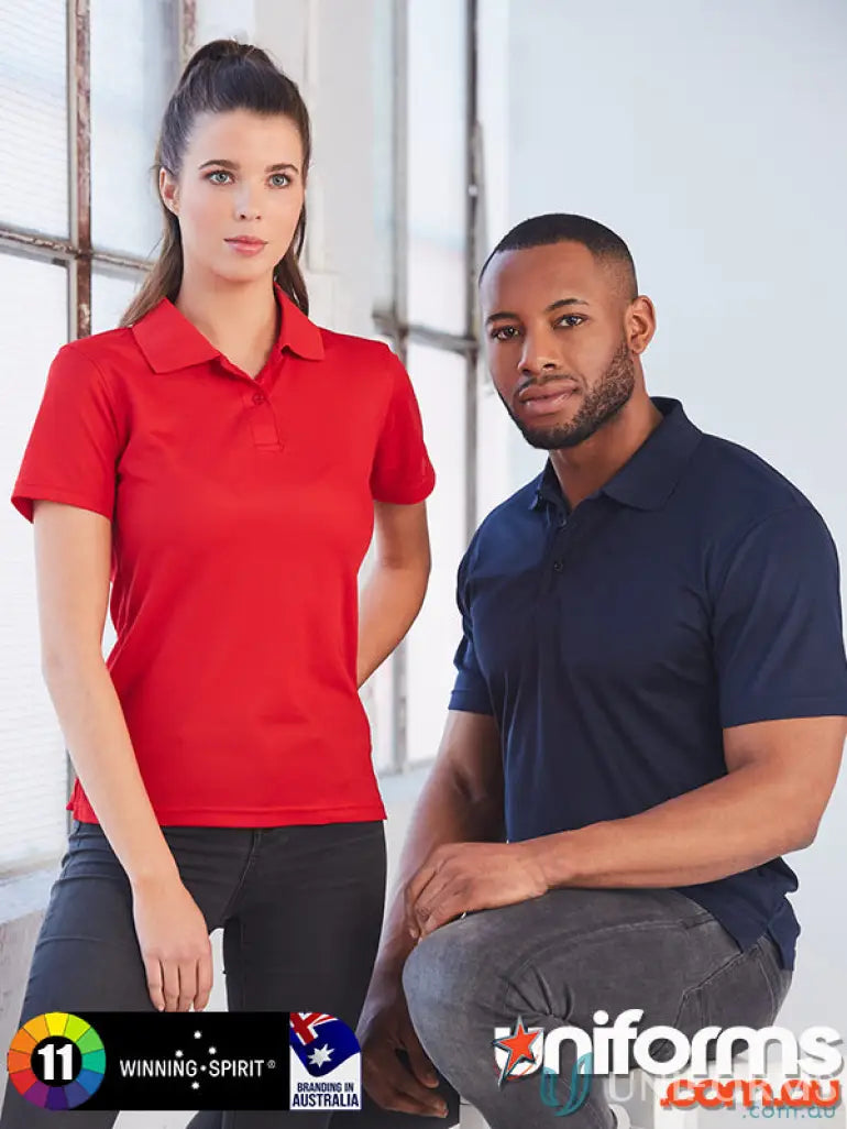 Two models showing Heart Foundation Ladies Polo in ps82 Verve Polo and cooldry® polyester mini with flat knitted collar