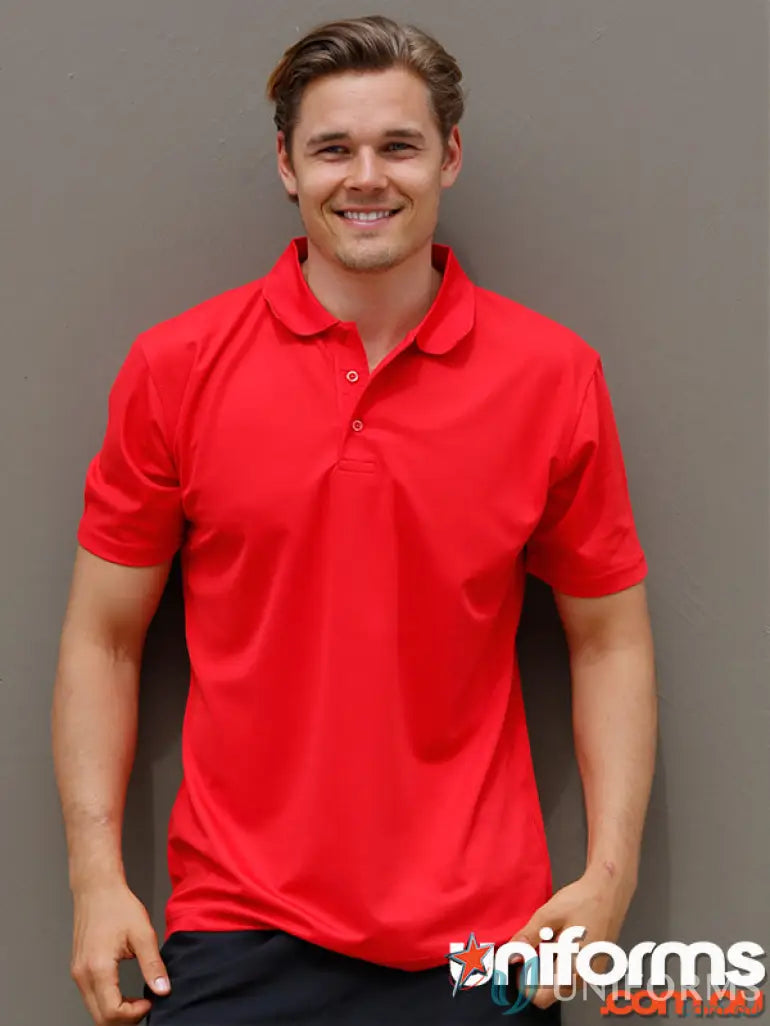 Men’s red polo shirt with flat knitted collar and three buttons from Heart Foundation EMB collection