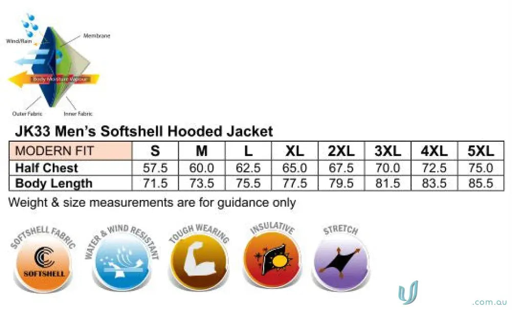 Sizing chart for Heart Foundation EMJ Men’s Aspen Softshell Hood Jacket with four-way stretch softshell features