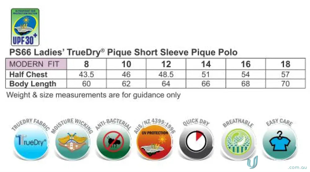Heart Foundation EMBx2 Ladies Pique Polo showing size chart and fabric features