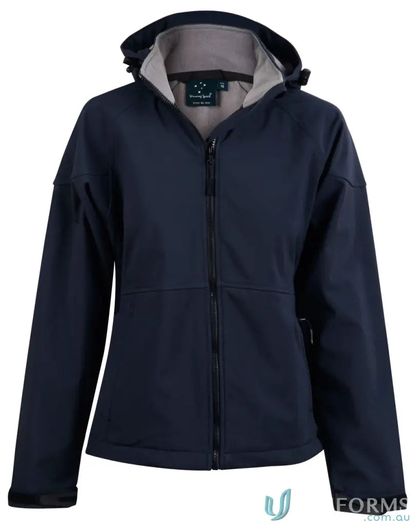 Navy blue Aspen softshell hooded jacket from Heart Foundation (EMBx2) with hi-tech 4-way stretch